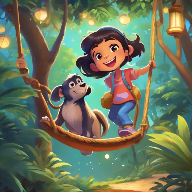 A playful, adventurous dog with a bright personality, A cheerful girl with an adventurous spirit and a big smile, and A curious and energetic monkey who loves swinging from trees walking home under the twinkling stars after their jungle adventure, smiling and happy.