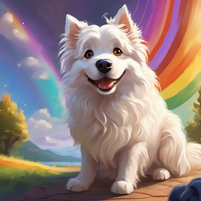A fluffy white dog with bright brown eyes and a wagging tail at home, getting ready for her adventure, excited to find the rainbow