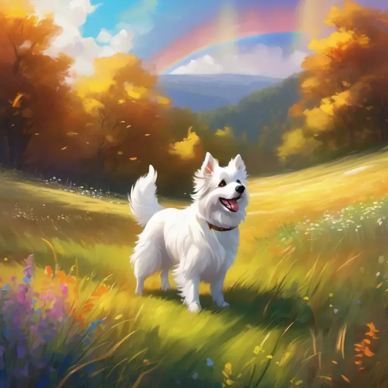 A fluffy white dog with bright brown eyes and a wagging tail walking through the meadow, looking for the rainbow, feeling excited and determined