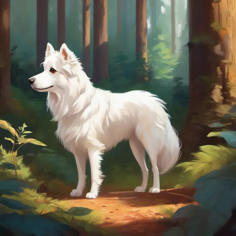A fluffy white dog with bright brown eyes and a wagging tail meeting the bird in the forest, listening to the bird's advice, feeling hopeful