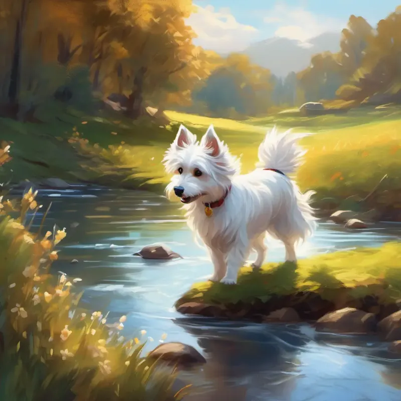 A fluffy white dog with bright brown eyes and a wagging tail playing by the stream, following the sparkling water, feeling joyful and curious