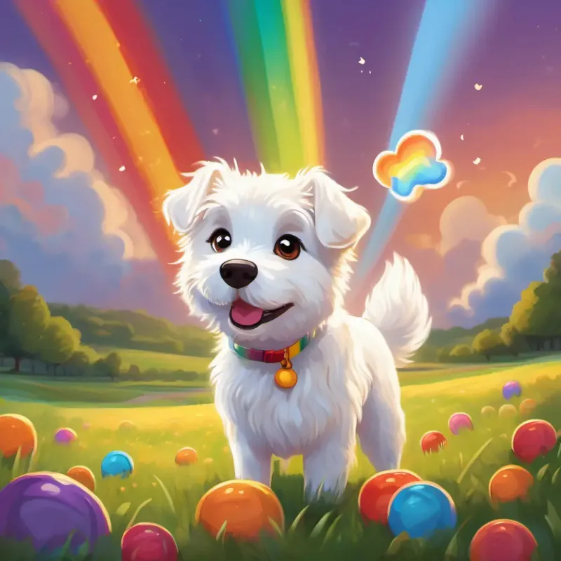 A fluffy white dog with bright brown eyes and a wagging tail finding the end of the rainbow, discovering the pot of treats, feeling delighted and amazed