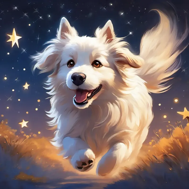 A fluffy white dog with bright brown eyes and a wagging tail running back home, feeling happy and content, with stars twinkling in the sky