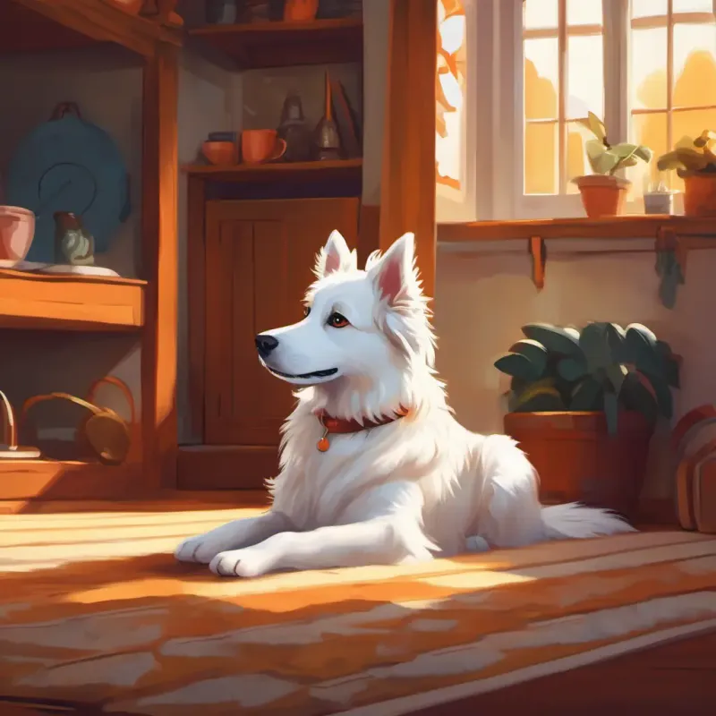A fluffy white dog with bright brown eyes and a wagging tail at home, thinking about her adventure, feeling grateful and excited for more adventures