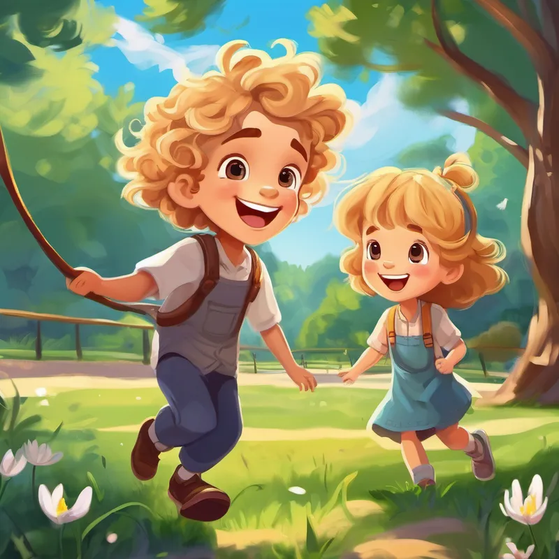 Lily is a girl with curly brown hair and a big smile. and Max is a boy with messy blonde hair and a friendly grin. playing together in the park