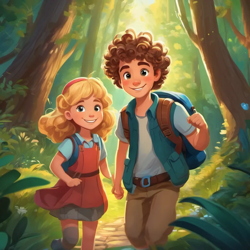 Lily is a girl with curly brown hair and a big smile. and Max is a boy with messy blonde hair and a friendly grin. exploring a magical forest