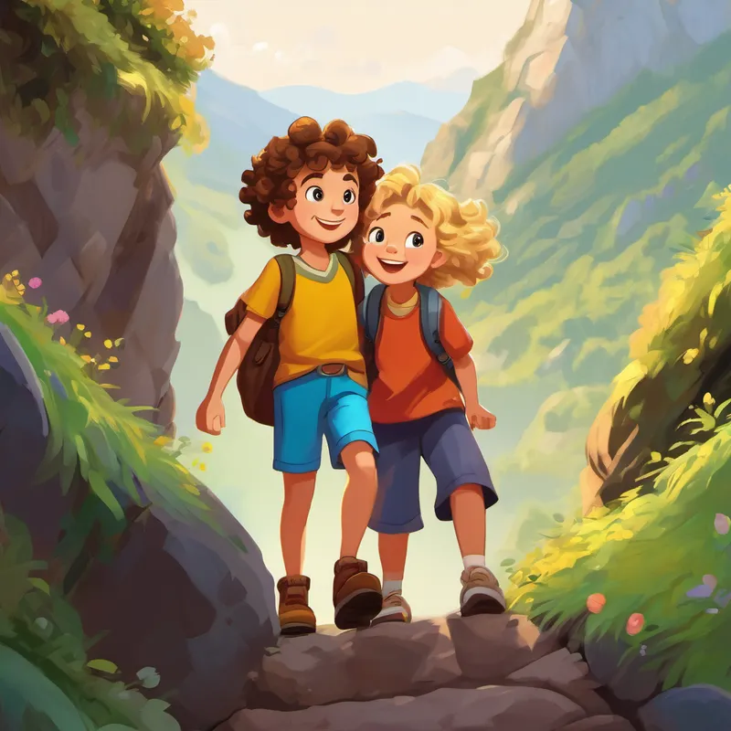 Lily is a girl with curly brown hair and a big smile. and Max is a boy with messy blonde hair and a friendly grin. helping each other climb a tall mountain