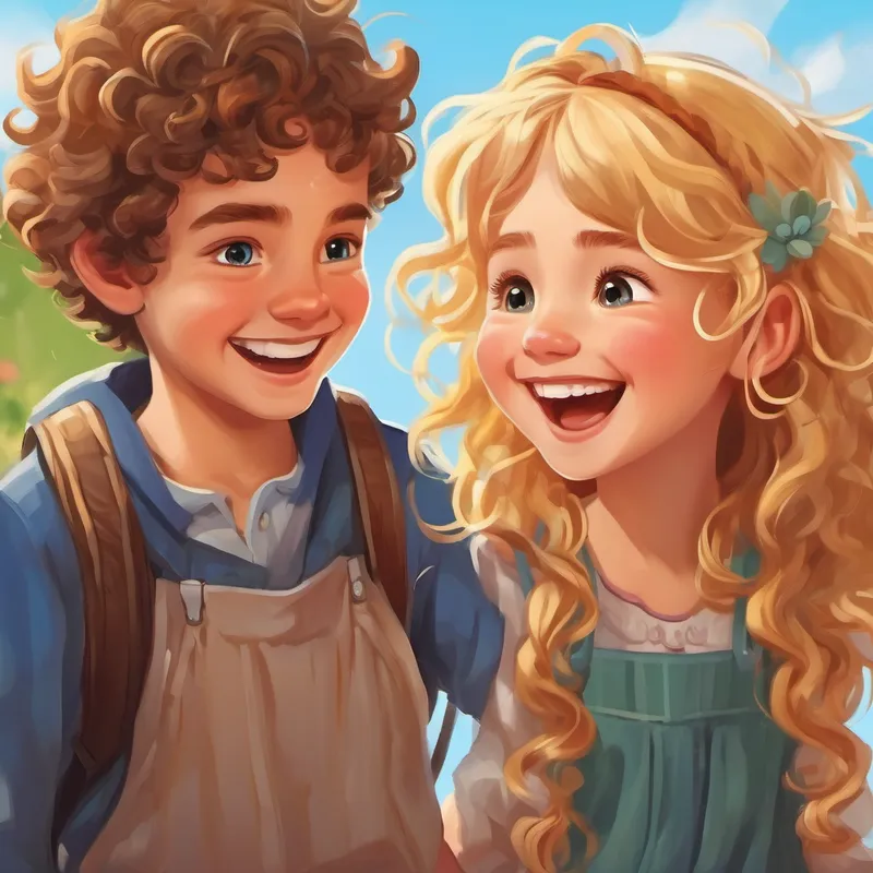 Lily is a girl with curly brown hair and a big smile. and Max is a boy with messy blonde hair and a friendly grin. laughing at a funny joke