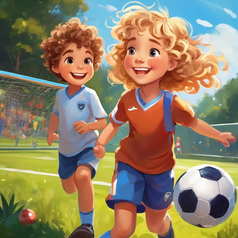 Lily is a girl with curly brown hair and a big smile. painting and Max is a boy with messy blonde hair and a friendly grin. playing soccer
