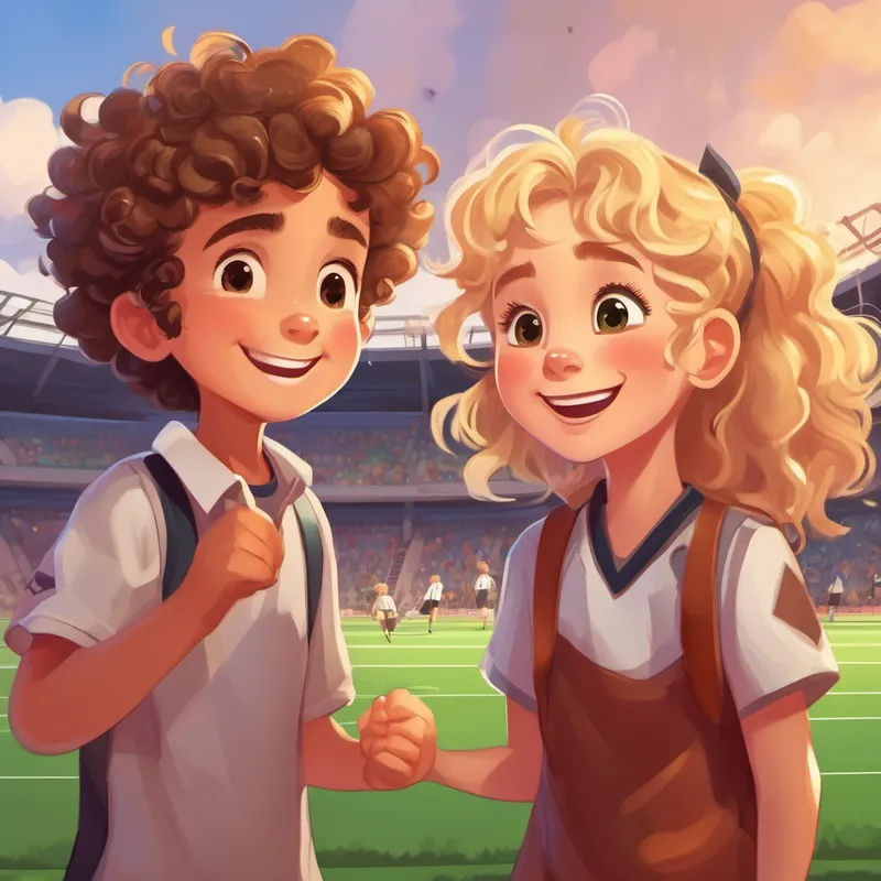 Lily is a girl with curly brown hair and a big smile. and Max is a boy with messy blonde hair and a friendly grin. cheering for each other from a soccer field and an art studio