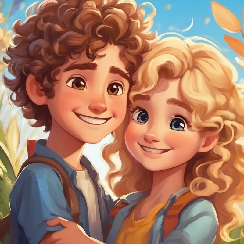 Lily is a girl with curly brown hair and a big smile. and Max is a boy with messy blonde hair and a friendly grin. hugging and smiling