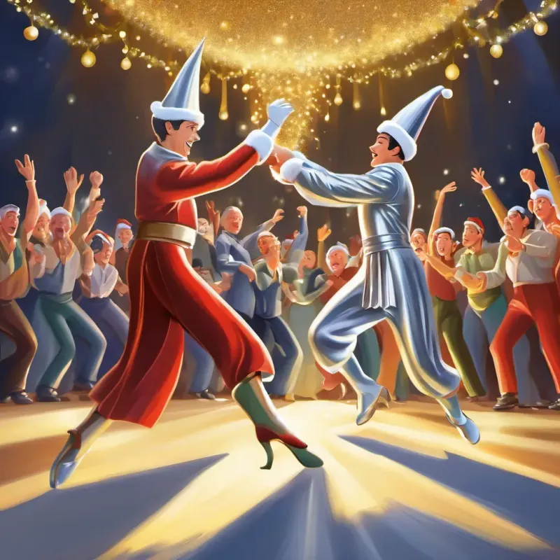The triumphant end of the dance-off, highlighting the spirit of sportsmanship and camaraderie between Shiny silver, with a curved handle and wide bowl and Silver with pointy tines and a polished handle.