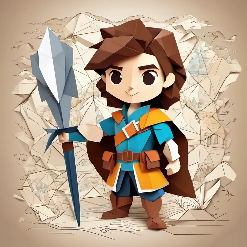 Brave adventurer with brown hair and a determined face holding a map and a sword, ready for adventure