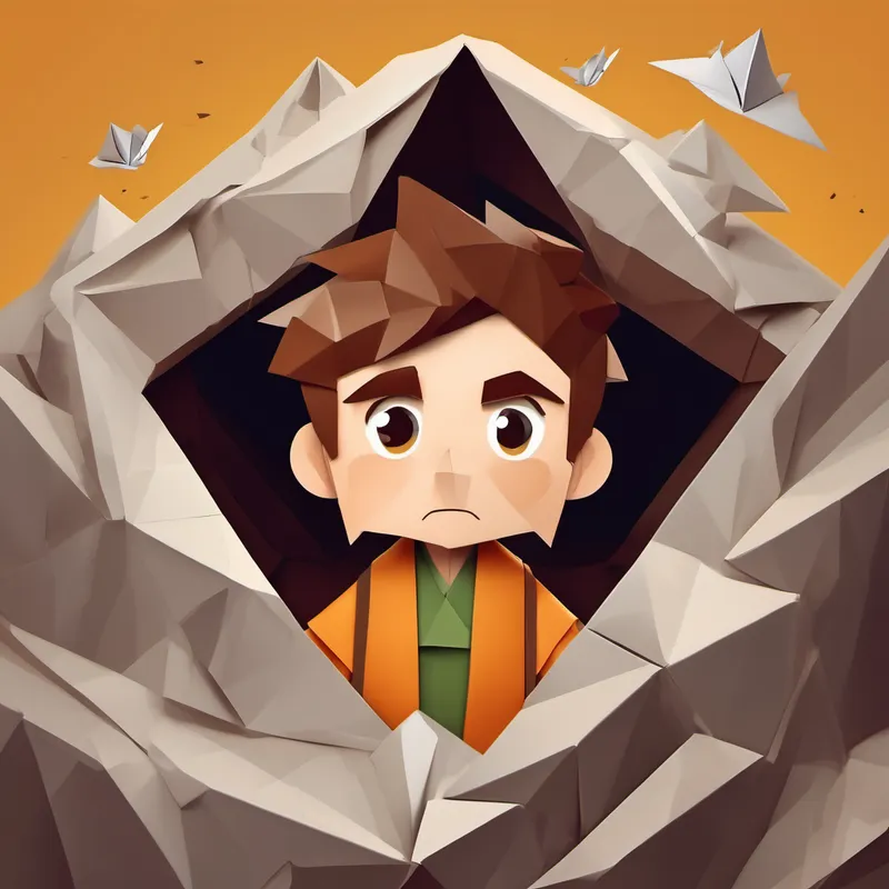 Brave adventurer with brown hair and a determined face falling into a pit, scared expression on his face
