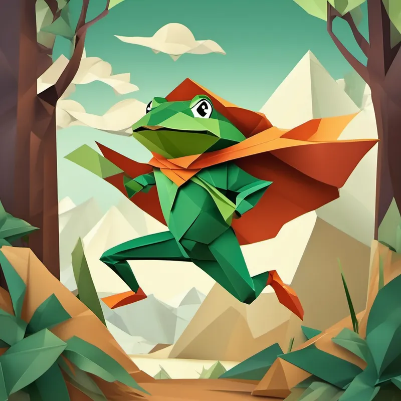 Heroic frog with a cape, leaping towards Brave adventurer with brown hair and a determined face