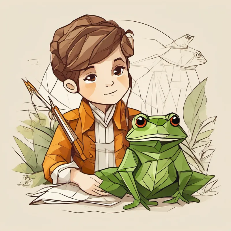 Brave adventurer with brown hair and a determined face and the frog whispering and drawing a plan