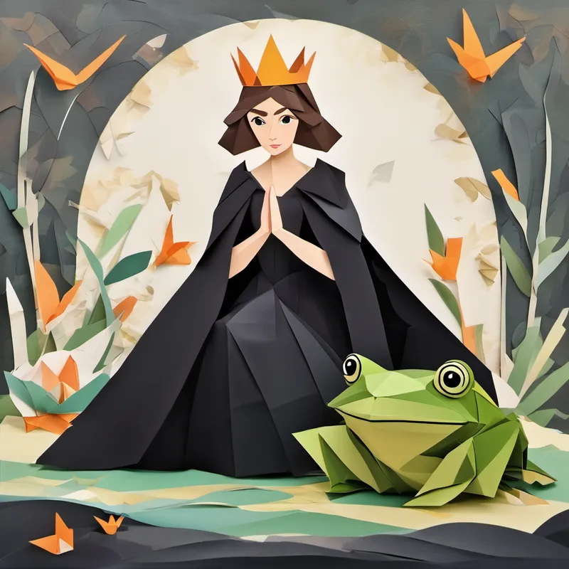 Brave adventurer with brown hair and a determined face and the frog celebrating, Wearing a black gown with a crown on her head defeated