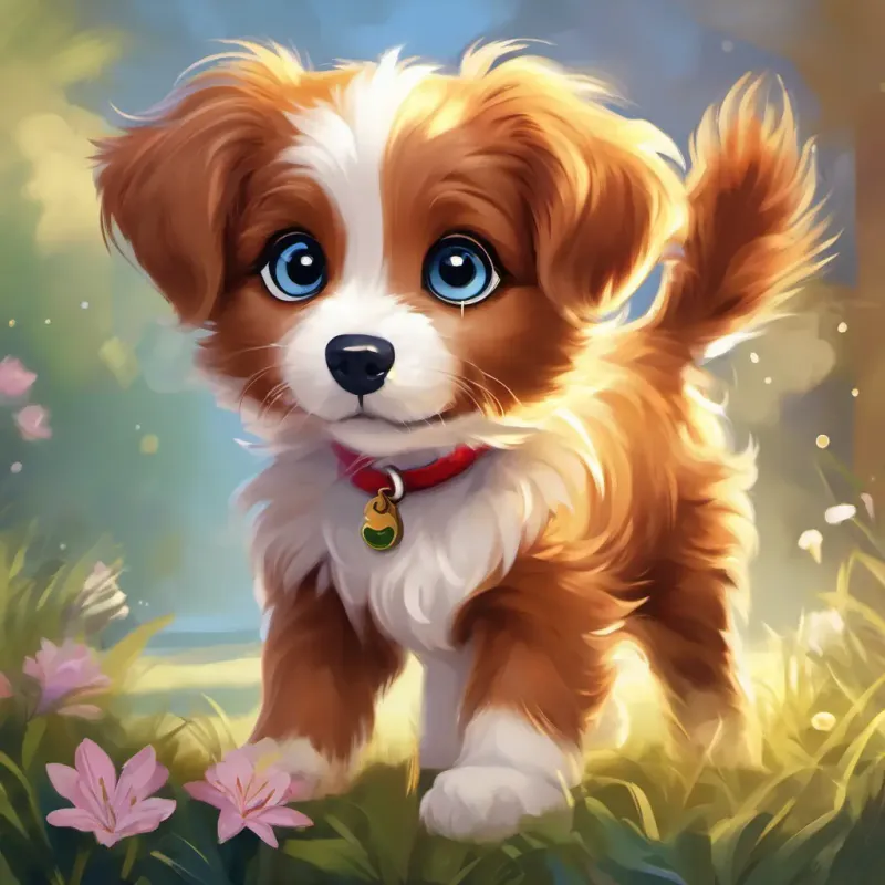 Introduction of Sparky - a playful and mischievous puppy with fluffy fur and bright, inquisitive eyes, Lily - a curious and kind-hearted girl with sparkling brown eyes's playful and mischievous puppy.
