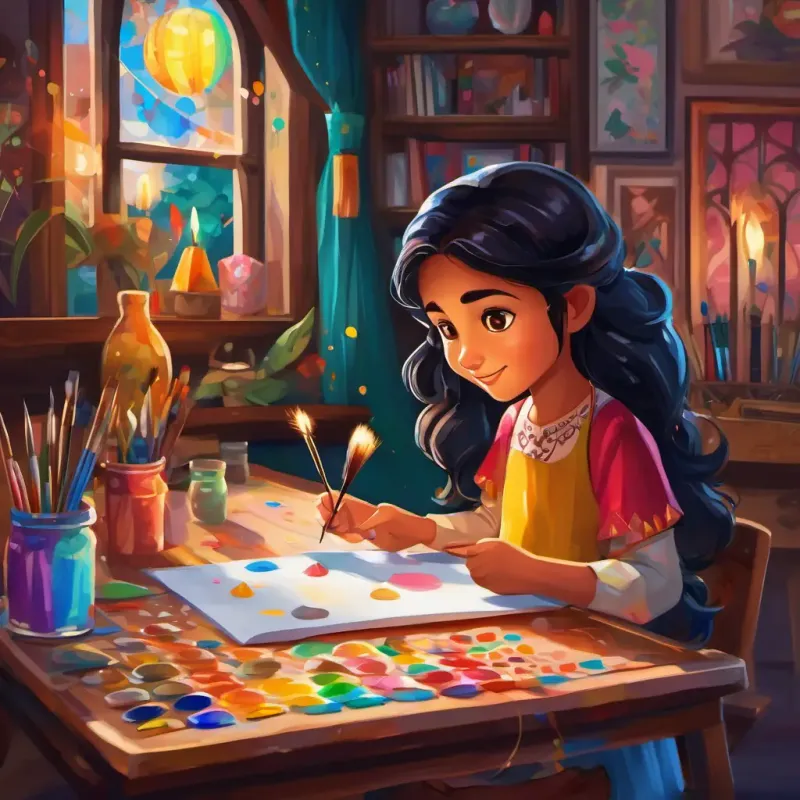 Aloki - A young Indian girl with dark hair and sparkling eyes, with dark hair and sparkling eyes, sat at her art table surrounded by colorful paints and paintbrushes. On the table, there were also paper and glue, everything she needed for her fantastic creations. The room was adorned with birthday decorations, and outside, the sun shone brightly.