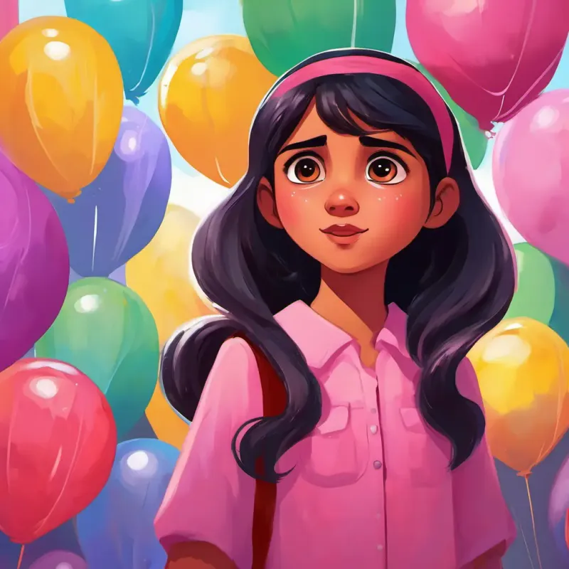 Aloki - A young Indian girl with dark hair and sparkling eyes, dressed in her favorite pink dress, stood near a colorful bunch of balloons. Her face went pale, and her hands trembled in fear. She had discovered that she was terrified of balloons. The bright colors and loud popping sounds frightened her. She felt her heart racing and tears filling her eyes.