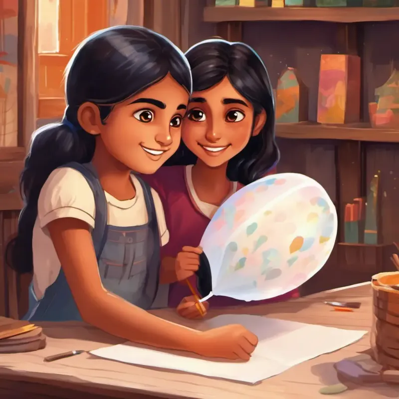 Aloki - A young Indian girl with dark hair and sparkling eyes's parents - Kind and supportive, with warm smiles, with kind smiles on their faces, sat beside her at the art table. Her dad handed her the glue, and her mom showed her how to dip the paper in it to make a balloon shape. Aloki - A young Indian girl with dark hair and sparkling eyes's hands were sticky, but she giggled and covered the balloon frame with the sticky paper. Soon, she had created a paper mache balloon of her own.