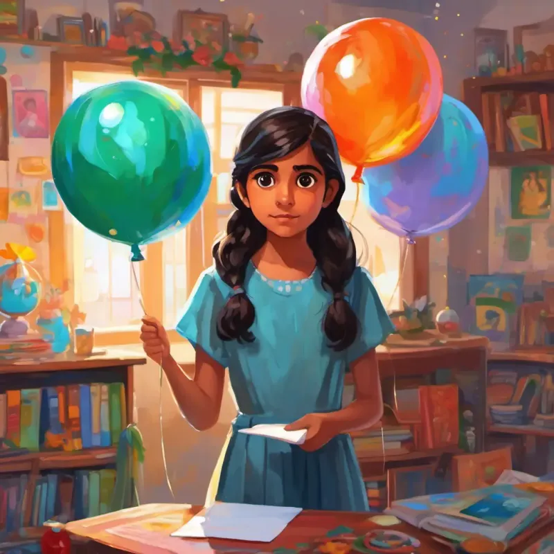 Aloki - A young Indian girl with dark hair and sparkling eyes, with a determined look on her face, stood in her art room holding the paper mache balloon, which had colors resembling a real balloon. Her friends, mom, and dad stood around her with encouraging expressions. The room was filled with anticipation and support.