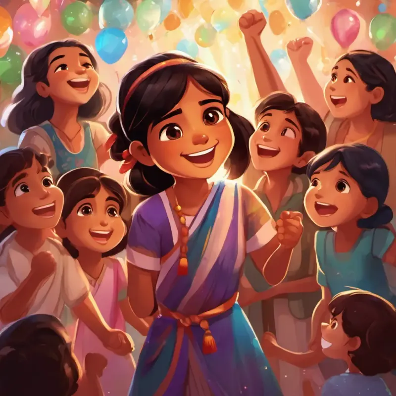 Aloki - A young Indian girl with dark hair and sparkling eyes, with a huge smile on her face, looked up at her cheering friends, mom, and dad. They all embraced her lovingly, celebrating her achievement. The room was filled with happiness and pride.