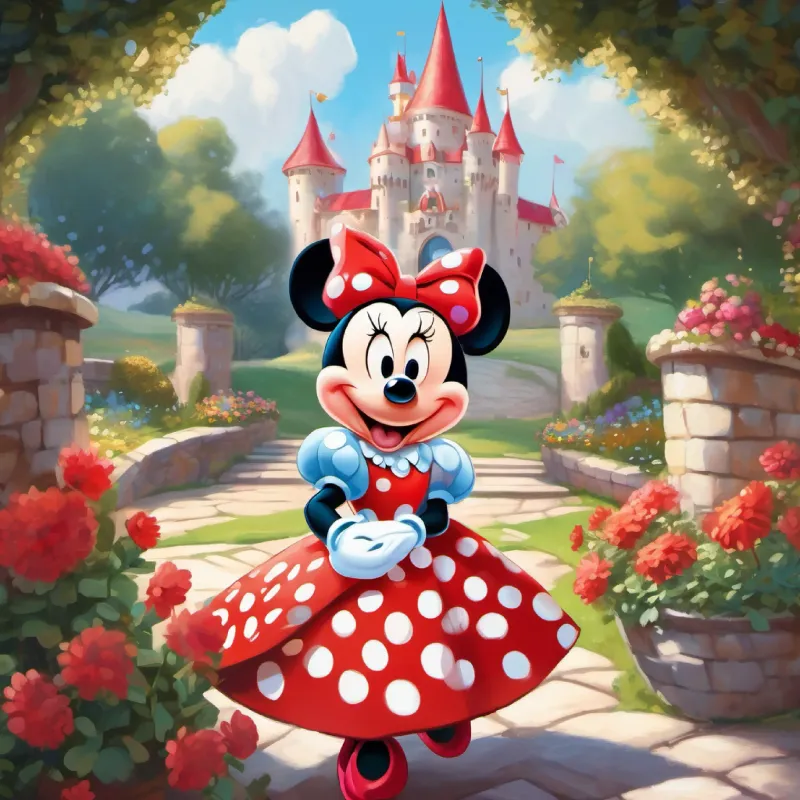 Princess Minnie Mouse, with a red and white polka dot dress, big round ears, and a cheerful smile in her castle, preparing for a picnic with colorful flowers around