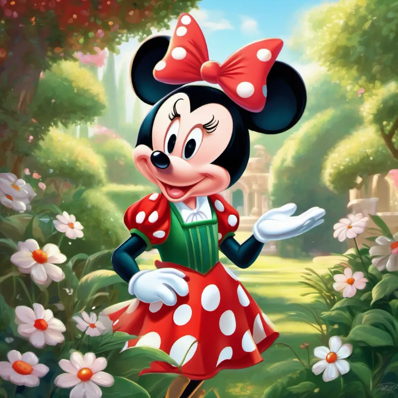 Princess Minnie Mouse, with a red and white polka dot dress, big round ears, and a cheerful smile in the royal garden, meeting a friendly fairy named A fairy with shimmering wings, a green dress, and a mischievous twinkle in her eyes