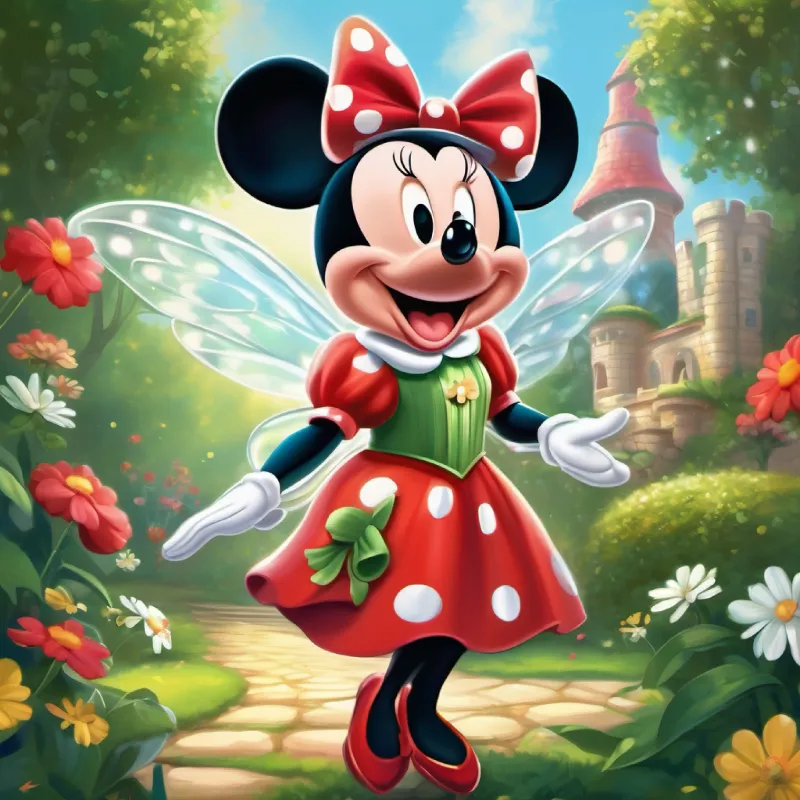Princess Minnie Mouse, with a red and white polka dot dress, big round ears, and a cheerful smile and A fairy with shimmering wings, a green dress, and a mischievous twinkle in her eyes making a plan to save the enchanted garden
