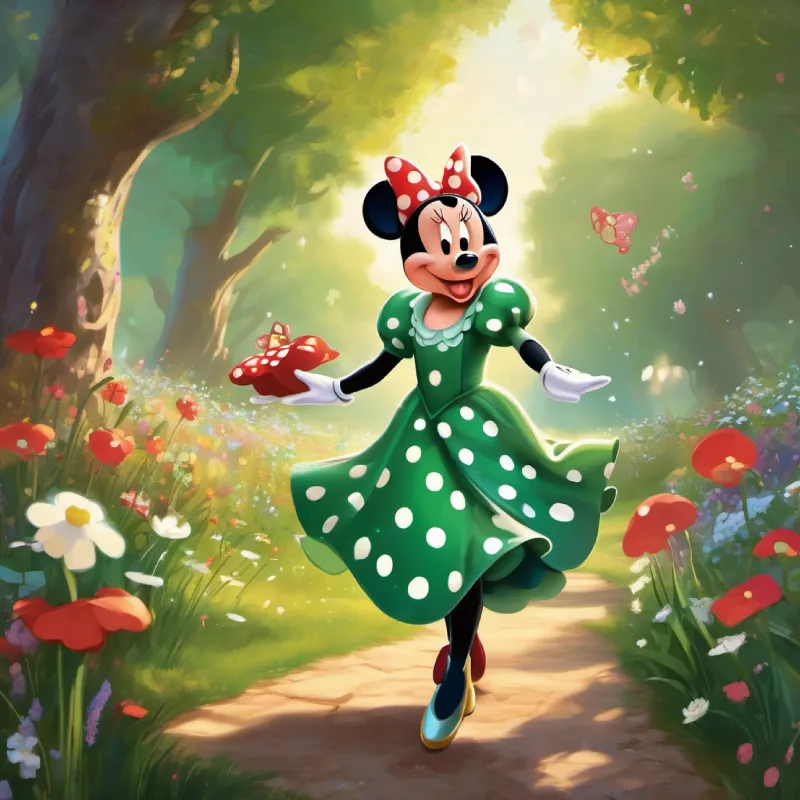 Princess Minnie Mouse, with a red and white polka dot dress, big round ears, and a cheerful smile and A fairy with shimmering wings, a green dress, and a mischievous twinkle in her eyes walking through a beautiful meadow towards the entrance of the enchanted garden