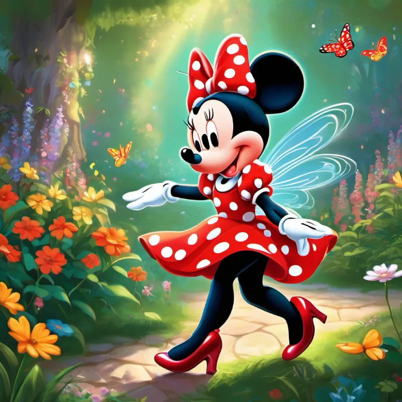 Princess Minnie Mouse, with a red and white polka dot dress, big round ears, and a cheerful smile and A fairy with shimmering wings, a green dress, and a mischievous twinkle in her eyes dancing with butterflies and talking animals in the enchanted garden