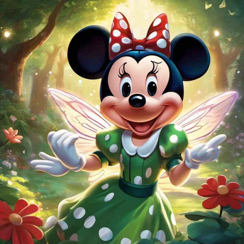 Princess Minnie Mouse, with a red and white polka dot dress, big round ears, and a cheerful smile and A fairy with shimmering wings, a green dress, and a mischievous twinkle in her eyes using their magic to heal the enchanted garden, surrounded by cheering animals