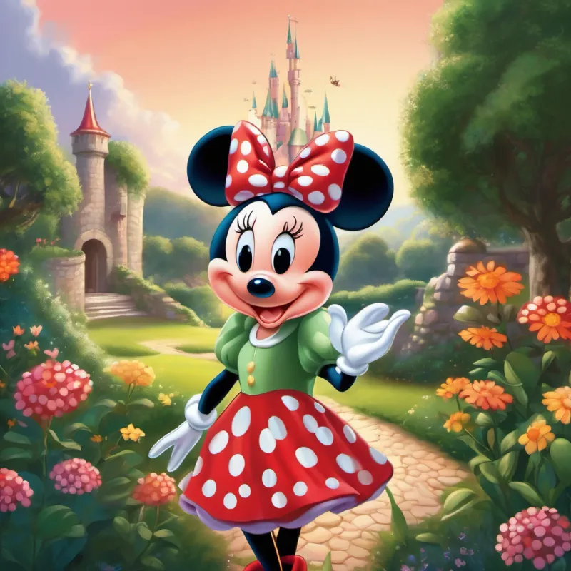 Princess Minnie Mouse, with a red and white polka dot dress, big round ears, and a cheerful smile and A fairy with shimmering wings, a green dress, and a mischievous twinkle in her eyes happily returning to the castle, looking forward to more adventures in the enchanted garden