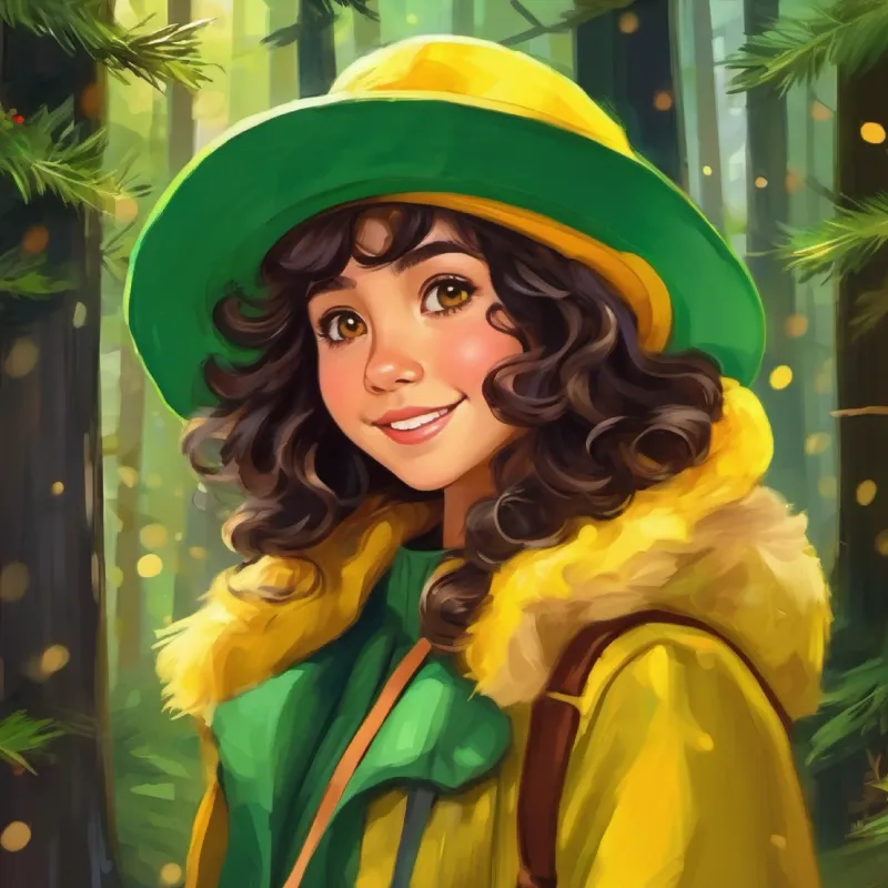 Introduction to Chapeuzinho, girl with dark curly hair, brown eyes, wearing a green and yellow hat, who lives near the forest and wears a colorful hat.