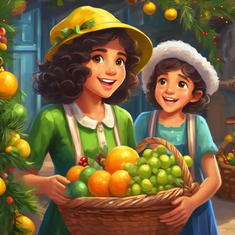 Chapeuzinho, girl with dark curly hair, brown eyes, wearing a green and yellow hat's mother asks her to take a basket of fruits to her grandmother.
