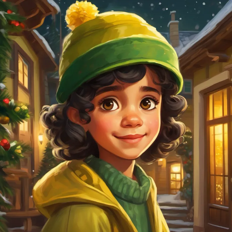 Chapeuzinho, girl with dark curly hair, brown eyes, wearing a green and yellow hat safely arrives at her grandmother's house, grandmother is concerned but happy.