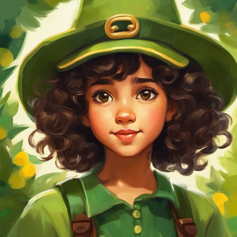 Chapeuzinho, girl with dark curly hair, brown eyes, wearing a green and yellow hat recounts her adventure, the lessons learned about promises and bravery.