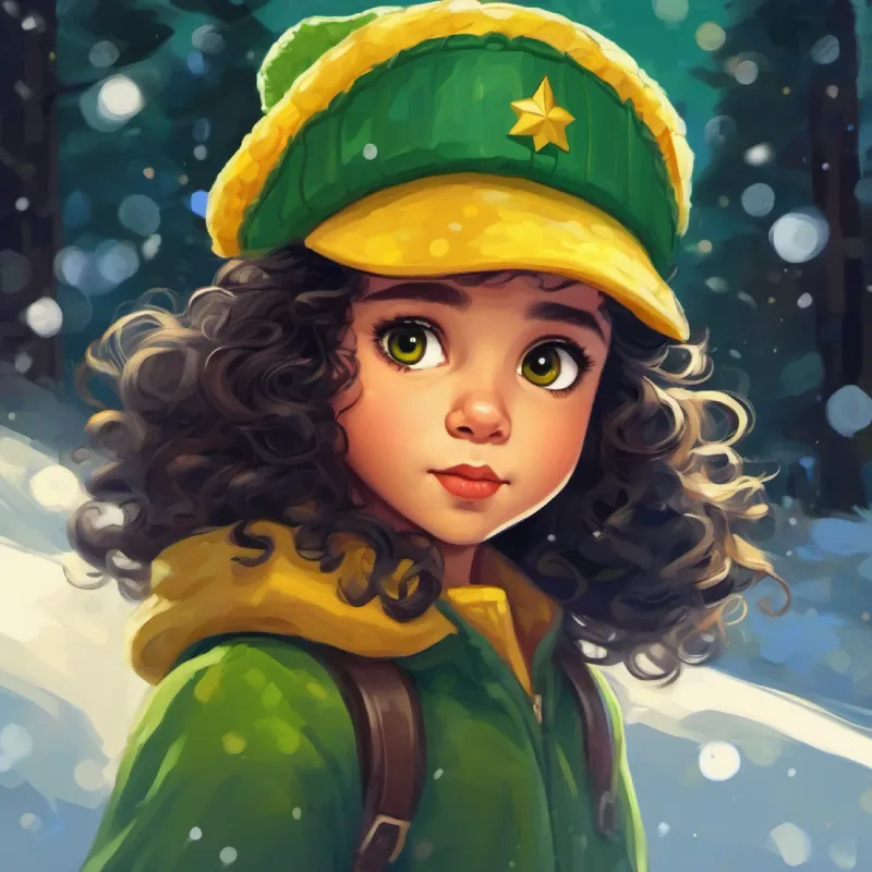 Chapeuzinho, girl with dark curly hair, brown eyes, wearing a green and yellow hat agrees to the task and promises not to talk to strangers.