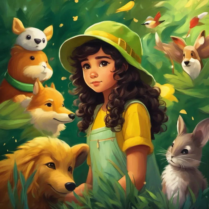 Chapeuzinho, girl with dark curly hair, brown eyes, wearing a green and yellow hat encounters animals but remembers her promise.