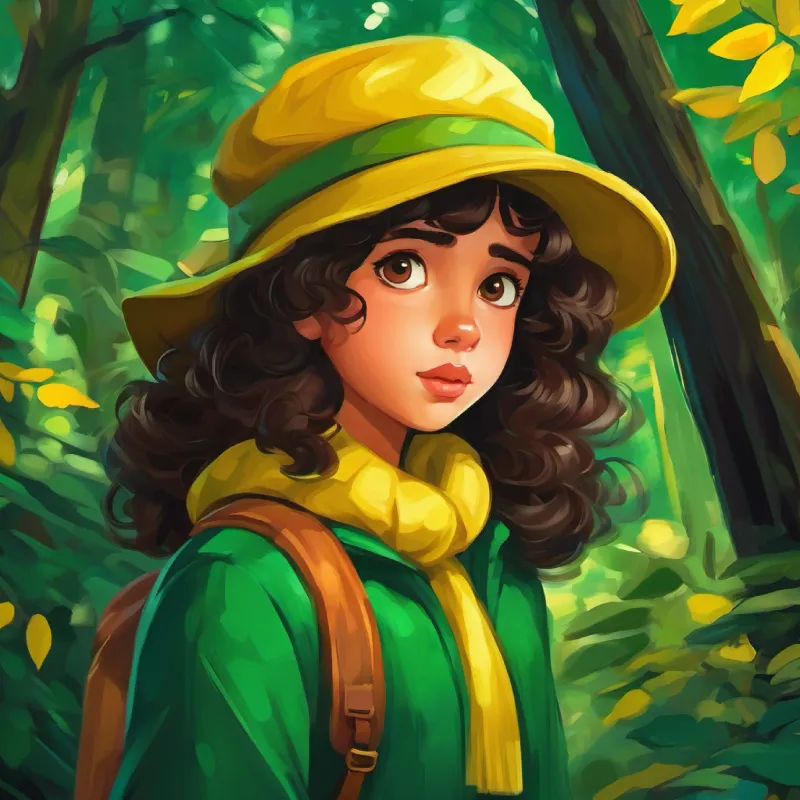 Chapeuzinho, girl with dark curly hair, brown eyes, wearing a green and yellow hat realizes she is lost in the forest.