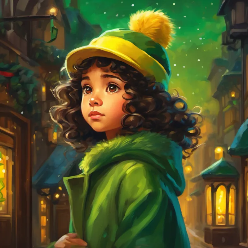 Determined Chapeuzinho, girl with dark curly hair, brown eyes, wearing a green and yellow hat looks for clues to find her way back.