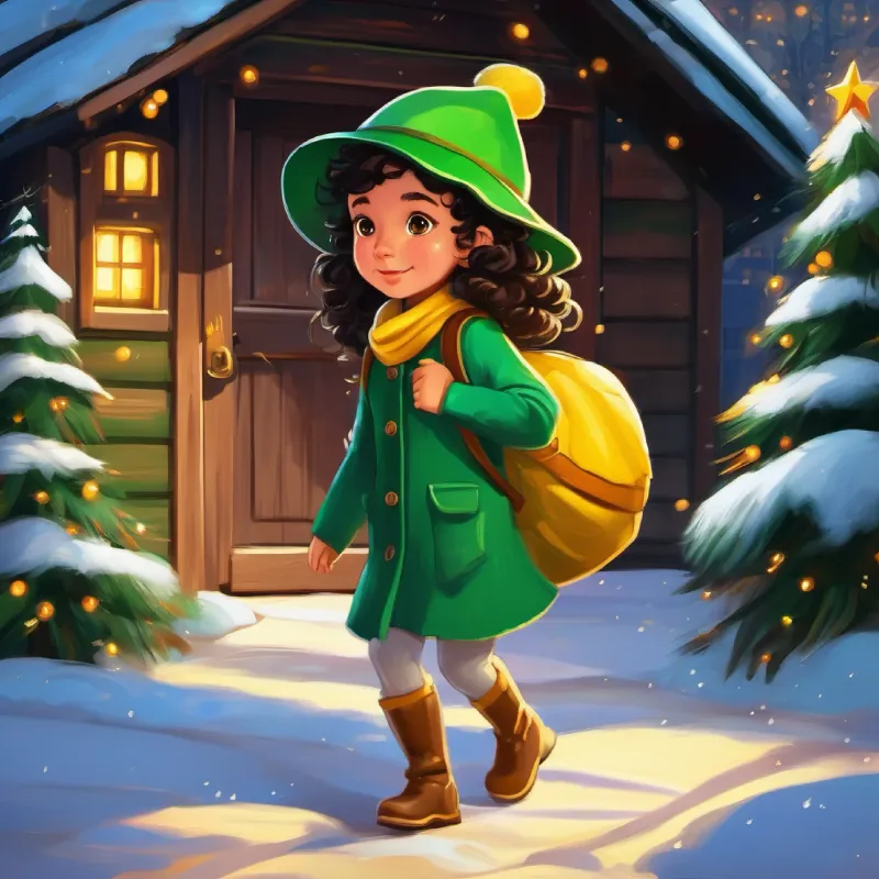 Chapeuzinho, girl with dark curly hair, brown eyes, wearing a green and yellow hat finds footprints and follows them, hoping to reach her grandmother's house.