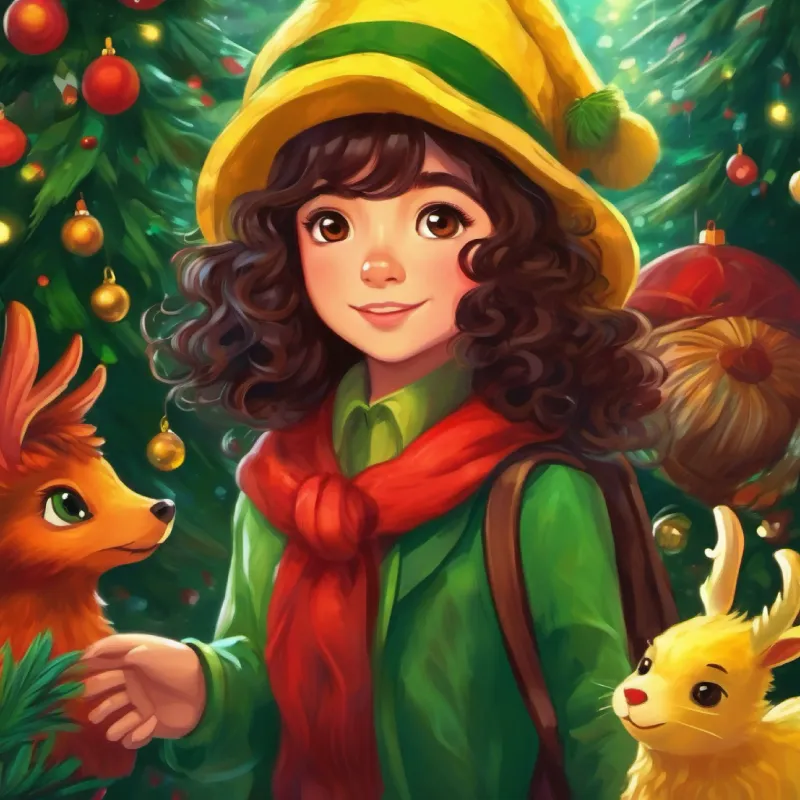 Chapeuzinho, girl with dark curly hair, brown eyes, wearing a green and yellow hat hears a Mythical creature with red hair, green skin, backward feet, a creature from folklore who offers help.