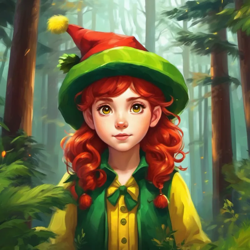 The Mythical creature with red hair, green skin, backward feet, with backward feet, guides Chapeuzinho, girl with dark curly hair, brown eyes, wearing a green and yellow hat and warns about forest dangers.