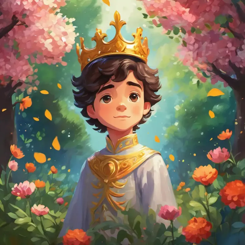 A picture of a small prince with a crown, surrounded by flowers and trees.