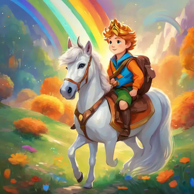 A picture of Brave little prince with brown hair, blue eyes, and a golden crown with his backpack, walking with Clever fox with orange fur and bright green eyes the fox and Kind unicorn with a white coat and flowing rainbow mane the unicorn.