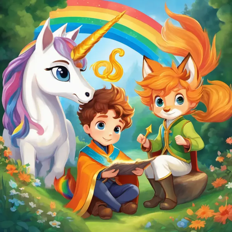 A picture of Brave little prince with brown hair, blue eyes, and a golden crown, Clever fox with orange fur and bright green eyes, and Kind unicorn with a white coat and flowing rainbow mane working together to solve a puzzle.
