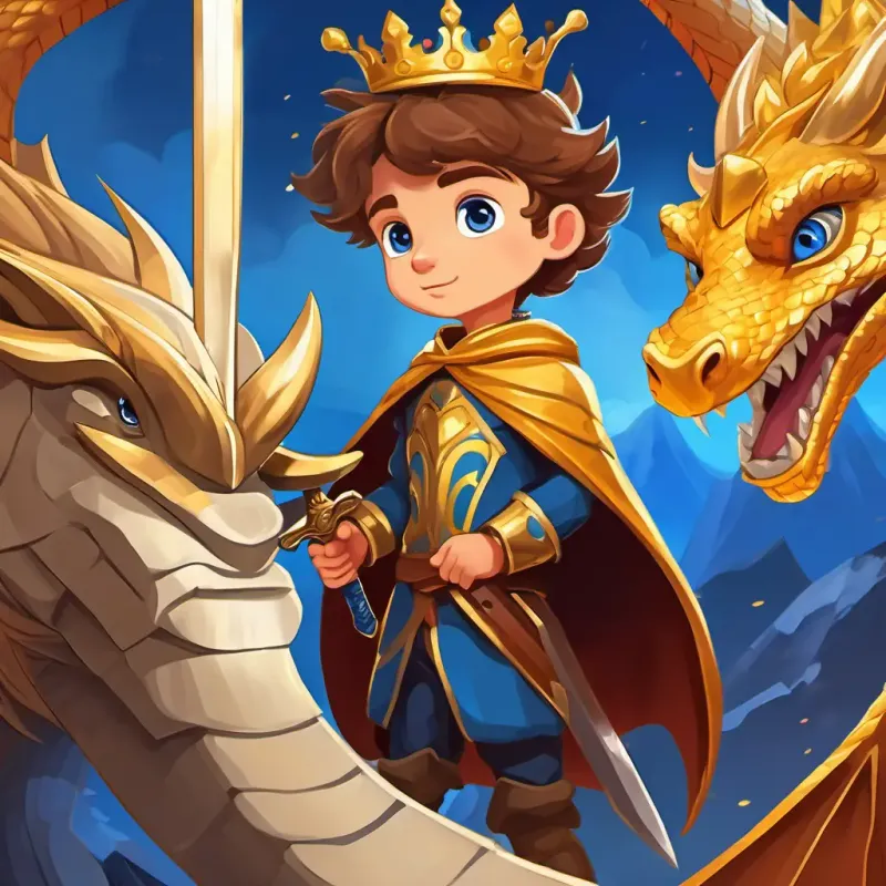 A picture of Brave little prince with brown hair, blue eyes, and a golden crown standing in front of a big dragon, sword raised high.