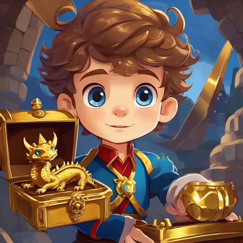 A picture of Brave little prince with brown hair, blue eyes, and a golden crown and the dragon, with the opened treasure chest in the background.